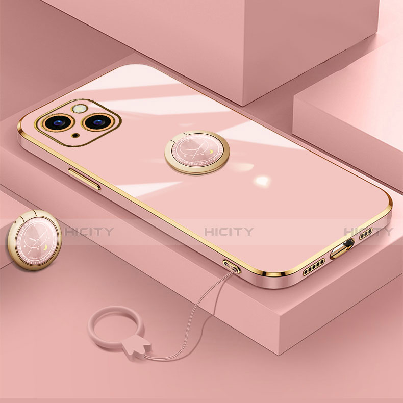 Funda Silicona Carcasa Ultrafina Goma con Magnetico Anillo de dedo Soporte A08 para Apple iPhone 13 Mini Oro Rosa