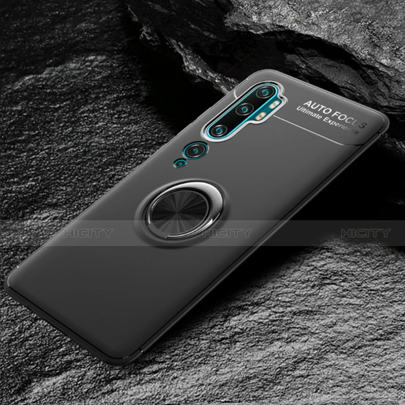 Funda Silicona Carcasa Ultrafina Goma con Magnetico Anillo de dedo Soporte D01 para Xiaomi Mi Note 10 Negro