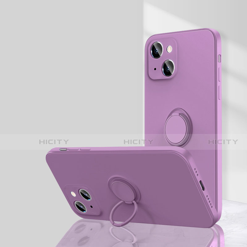 Funda Silicona Carcasa Ultrafina Goma con Magnetico Anillo de dedo Soporte G01 para Apple iPhone 14 Morado