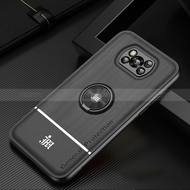 Funda Silicona Carcasa Ultrafina Goma con Magnetico Anillo de dedo Soporte JM1 para Xiaomi Poco X3 NFC Negro