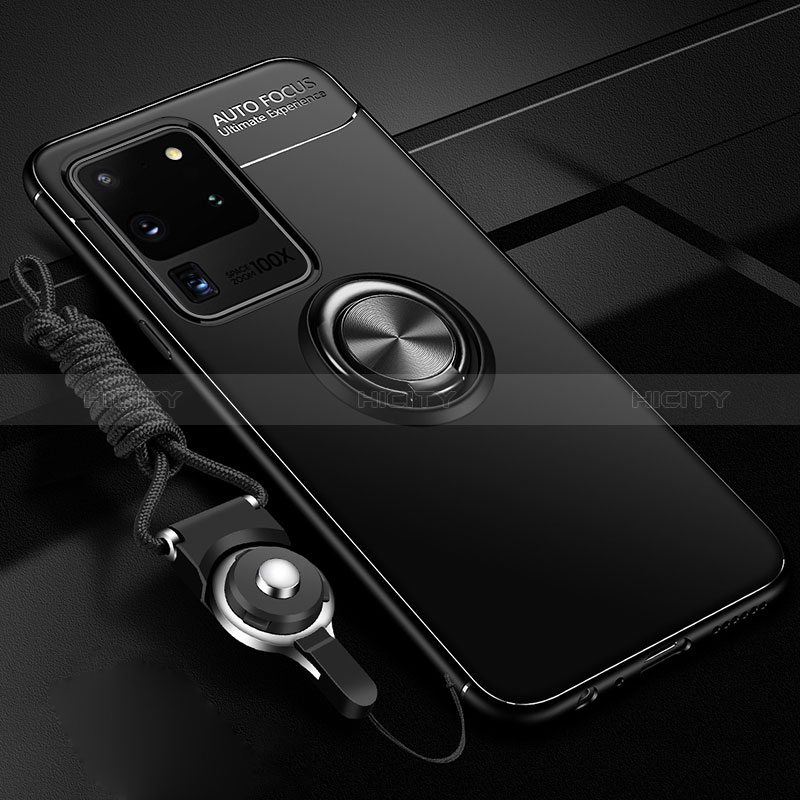 Funda Silicona Carcasa Ultrafina Goma con Magnetico Anillo de dedo Soporte JM3 para Samsung Galaxy S20 Ultra 5G Negro