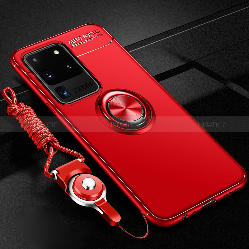 Funda Silicona Carcasa Ultrafina Goma con Magnetico Anillo de dedo Soporte JM3 para Samsung Galaxy S20 Ultra Rojo