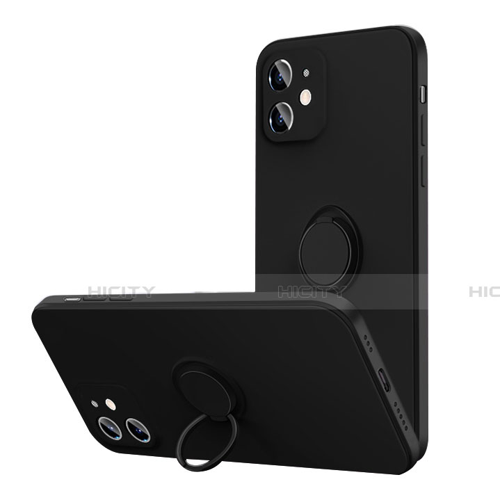 Funda Silicona Carcasa Ultrafina Goma con Magnetico Anillo de dedo Soporte N01 para Apple iPhone 12 Mini Negro