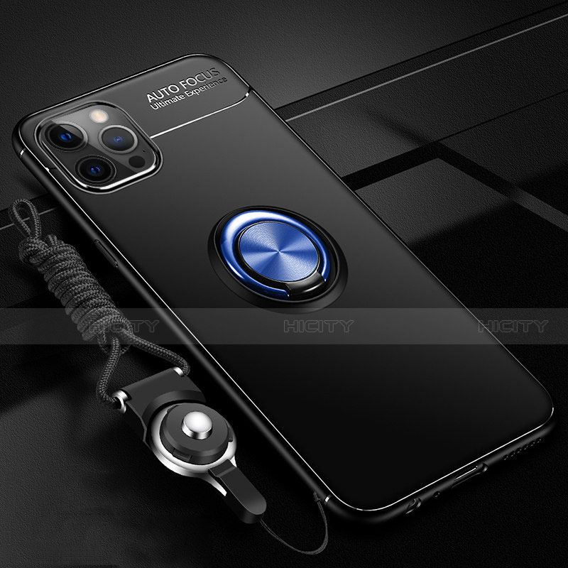 Funda Silicona Carcasa Ultrafina Goma con Magnetico Anillo de dedo Soporte N03 para Apple iPhone 12 Pro Azul y Negro