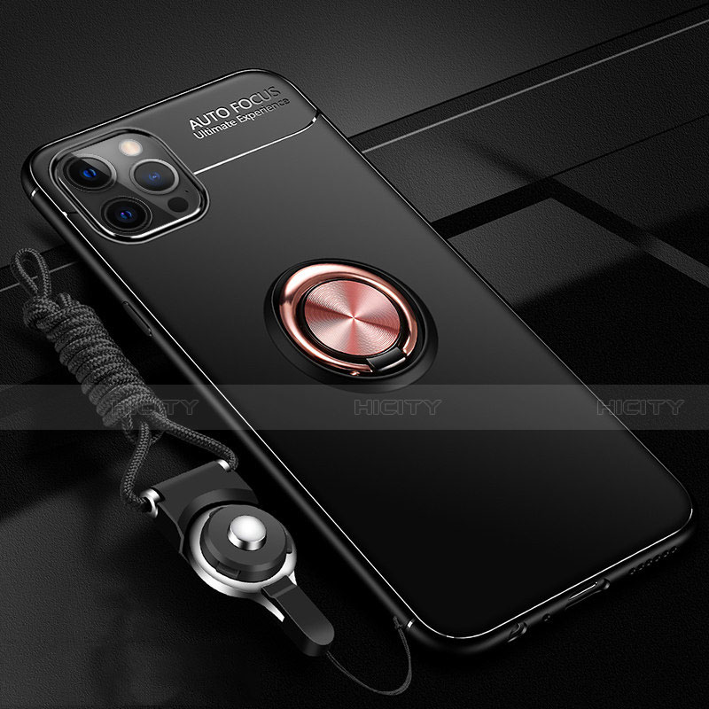 Funda Silicona Carcasa Ultrafina Goma con Magnetico Anillo de dedo Soporte N03 para Apple iPhone 12 Pro Oro y Negro