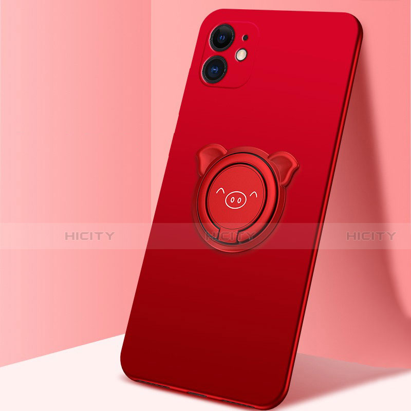 Funda Silicona Carcasa Ultrafina Goma con Magnetico Anillo de dedo Soporte N04 para Apple iPhone 12 Rojo