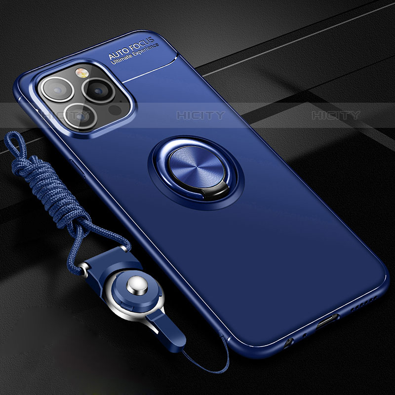 Funda Silicona Carcasa Ultrafina Goma con Magnetico Anillo de dedo Soporte para Apple iPhone 15 Pro Max Azul