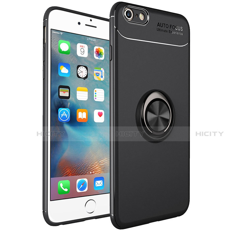Funda Silicona Carcasa Ultrafina Goma con Magnetico Anillo de dedo Soporte para Apple iPhone 6S Plus Negro