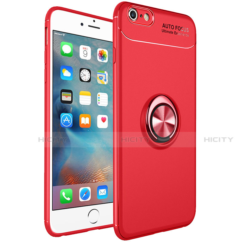 Funda Silicona Carcasa Ultrafina Goma con Magnetico Anillo de dedo Soporte para Apple iPhone 6S Plus Rojo
