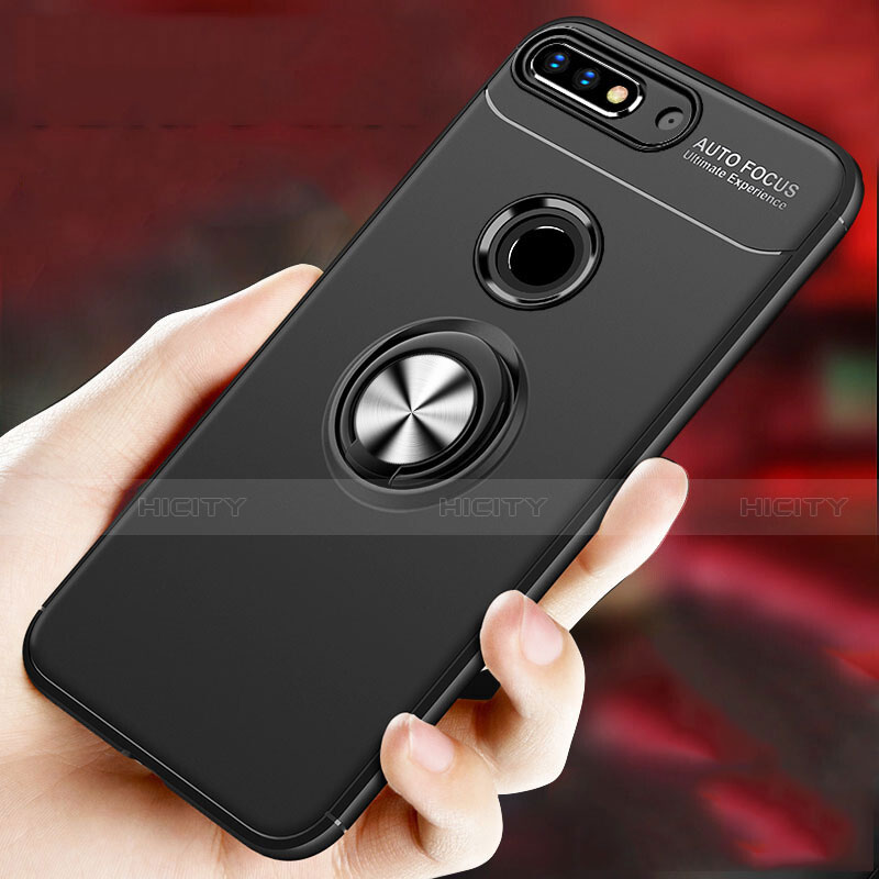 Funda Silicona Carcasa Ultrafina Goma con Magnetico Anillo de dedo Soporte para Huawei Enjoy 8 Plus Negro