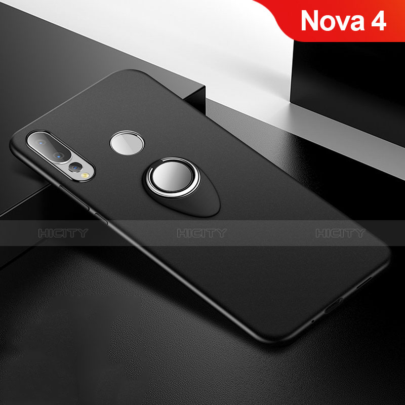 Funda Silicona Carcasa Ultrafina Goma con Magnetico Anillo de dedo Soporte para Huawei Nova 4 Negro