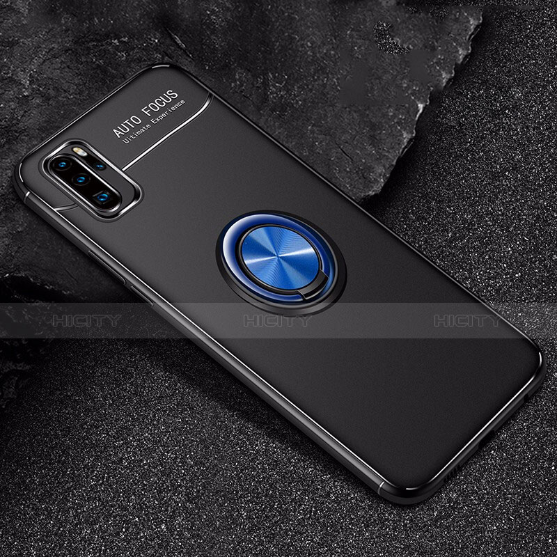 Funda Silicona Carcasa Ultrafina Goma con Magnetico Anillo de dedo Soporte para Huawei P30 Pro New Edition Azul y Negro