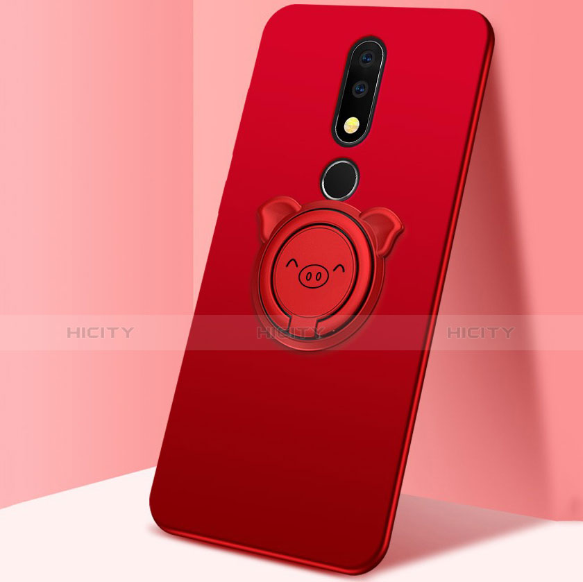 Funda Silicona Carcasa Ultrafina Goma con Magnetico Anillo de dedo Soporte para Nokia X5 Rojo