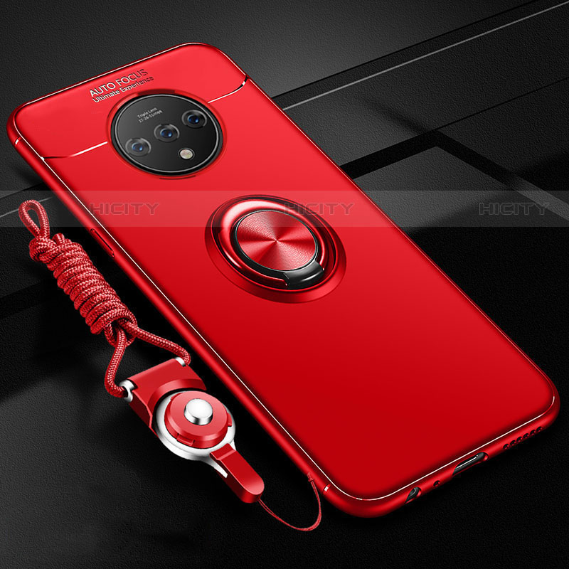 Funda Silicona Carcasa Ultrafina Goma con Magnetico Anillo de dedo Soporte para OnePlus 7T Rojo