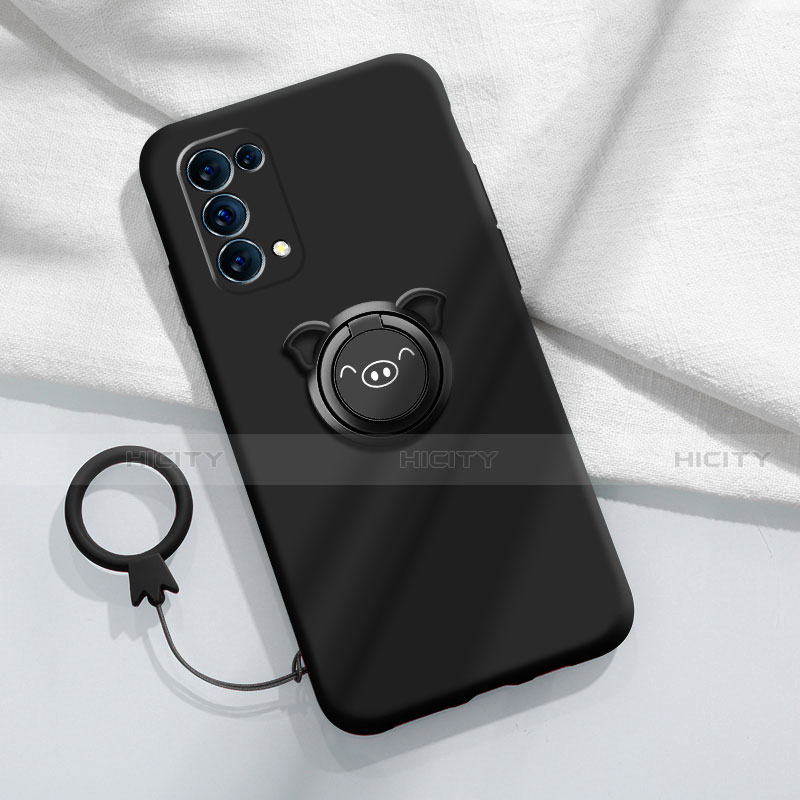 Funda Silicona Carcasa Ultrafina Goma con Magnetico Anillo de dedo Soporte para Oppo Reno5 Pro 5G Negro