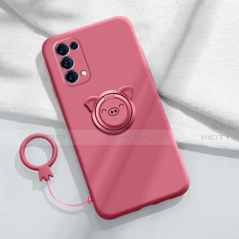 Funda Silicona Carcasa Ultrafina Goma con Magnetico Anillo de dedo Soporte para Oppo Reno5 Pro 5G Rojo Rosa