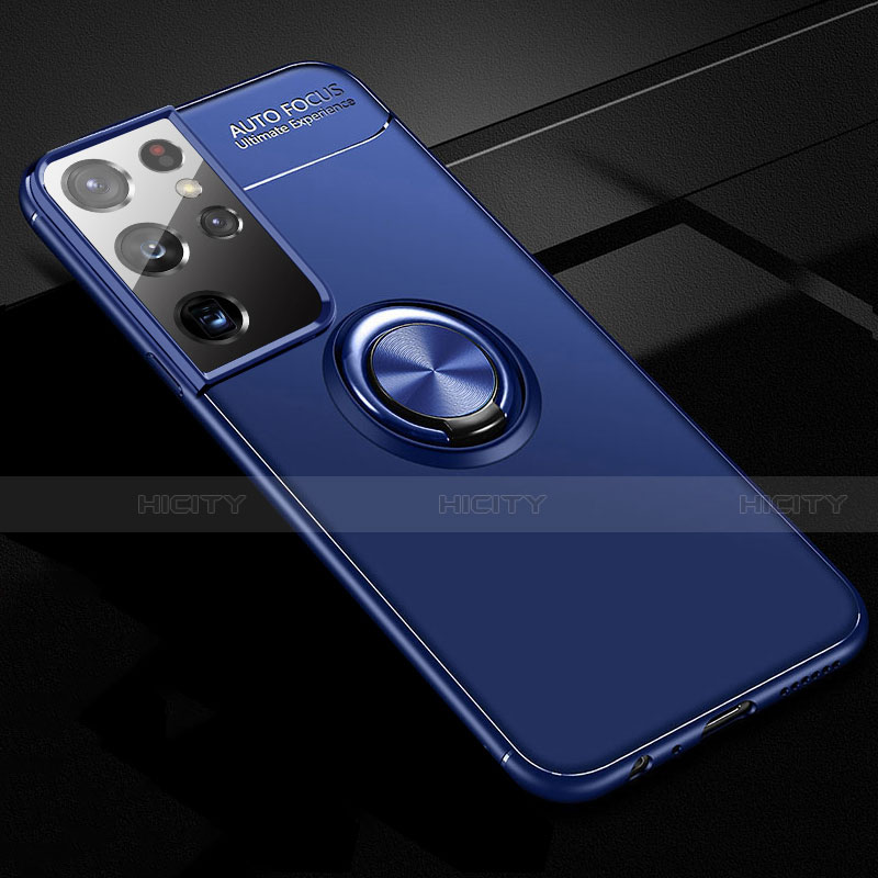 Funda Silicona Carcasa Ultrafina Goma con Magnetico Anillo de dedo Soporte para Samsung Galaxy S21 Ultra 5G Azul