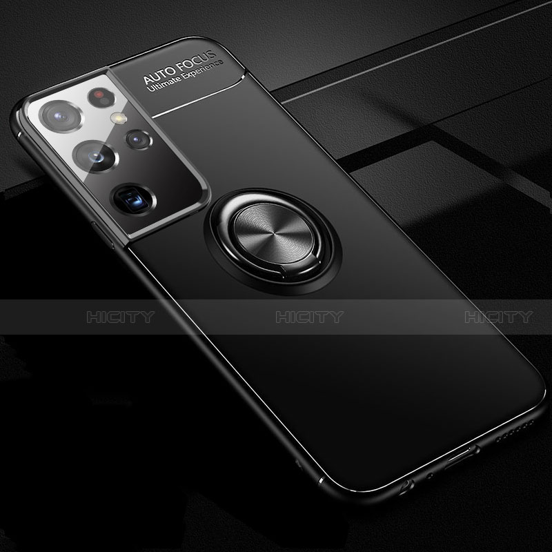 Funda Silicona Carcasa Ultrafina Goma con Magnetico Anillo de dedo Soporte para Samsung Galaxy S21 Ultra 5G Negro