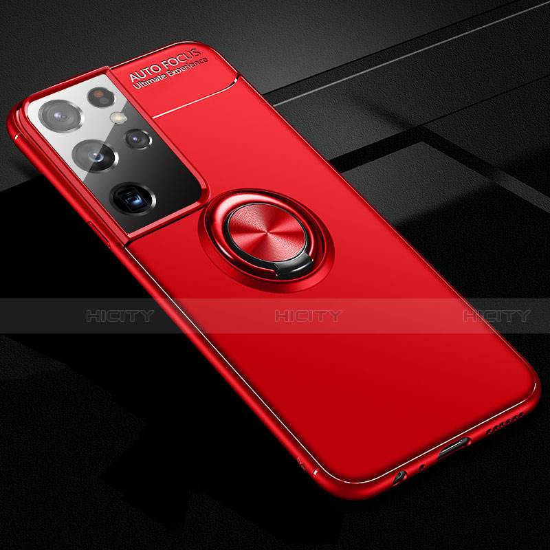 Funda Silicona Carcasa Ultrafina Goma con Magnetico Anillo de dedo Soporte para Samsung Galaxy S21 Ultra 5G Rojo
