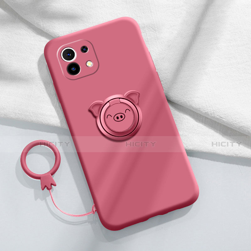 Funda Silicona Carcasa Ultrafina Goma con Magnetico Anillo de dedo Soporte para Xiaomi Mi 11 5G Rojo Rosa