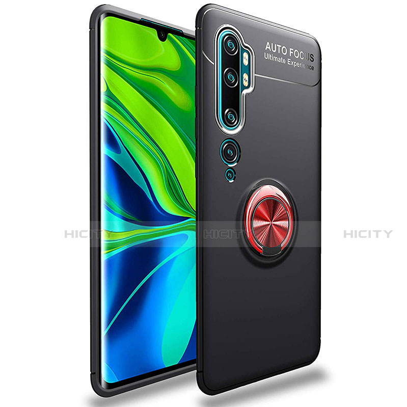 Funda Silicona Carcasa Ultrafina Goma con Magnetico Anillo de dedo Soporte para Xiaomi Mi Note 10 Pro Rojo y Negro