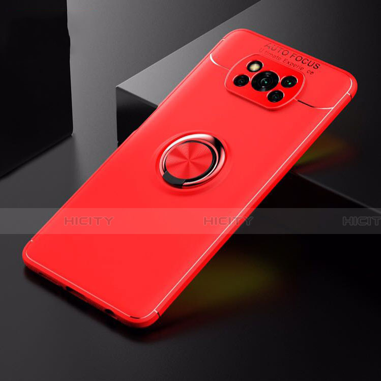 Funda Silicona Carcasa Ultrafina Goma con Magnetico Anillo de dedo Soporte para Xiaomi Poco X3 NFC Rojo