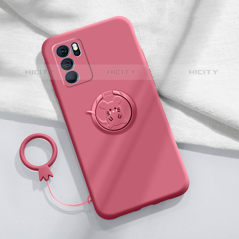 Funda Silicona Carcasa Ultrafina Goma con Magnetico Anillo de dedo Soporte S03 para Oppo Reno6 Pro 5G India Rosa Roja