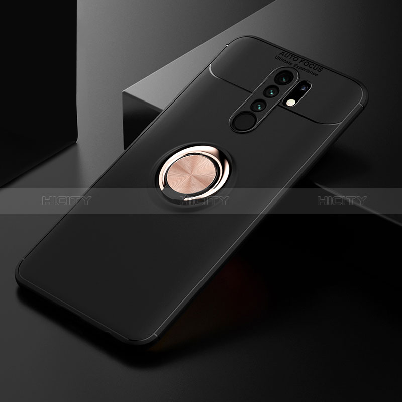 Funda Silicona Carcasa Ultrafina Goma con Magnetico Anillo de dedo Soporte SD2 para Xiaomi Redmi 9 Prime India Oro y Negro