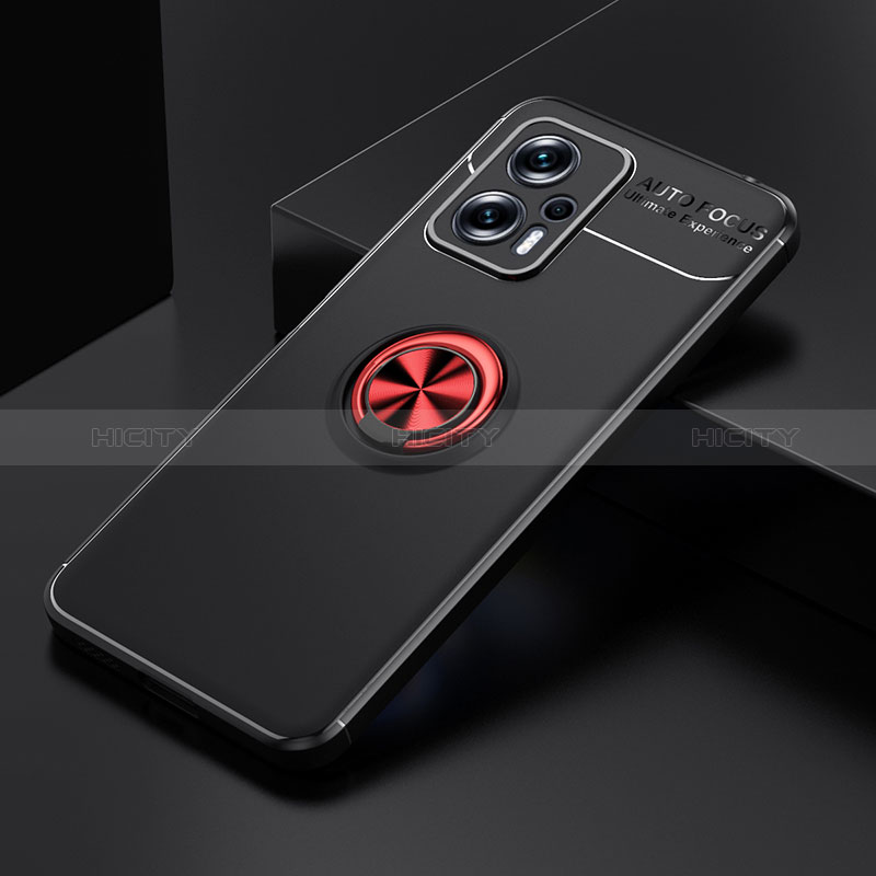 Funda Silicona Carcasa Ultrafina Goma con Magnetico Anillo de dedo Soporte SD2 para Xiaomi Redmi Note 11T Pro+ Plus 5G Rojo y Negro