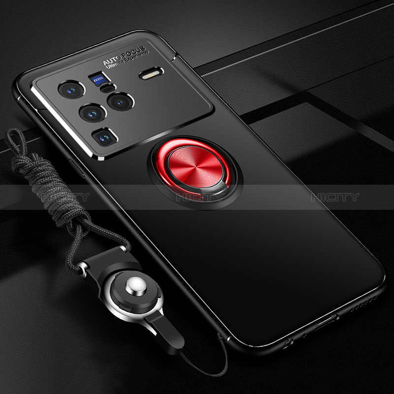 Funda Silicona Carcasa Ultrafina Goma con Magnetico Anillo de dedo Soporte SD3 para Vivo X80 Pro 5G Rojo y Negro