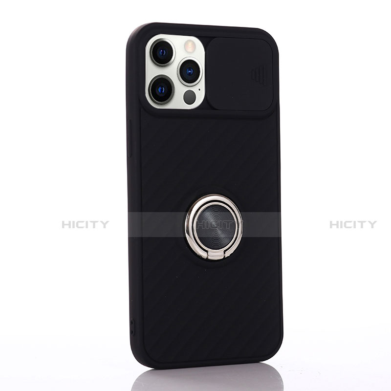 Funda Silicona Carcasa Ultrafina Goma con Magnetico Anillo de dedo Soporte T01 para Apple iPhone 12 Pro Max Negro