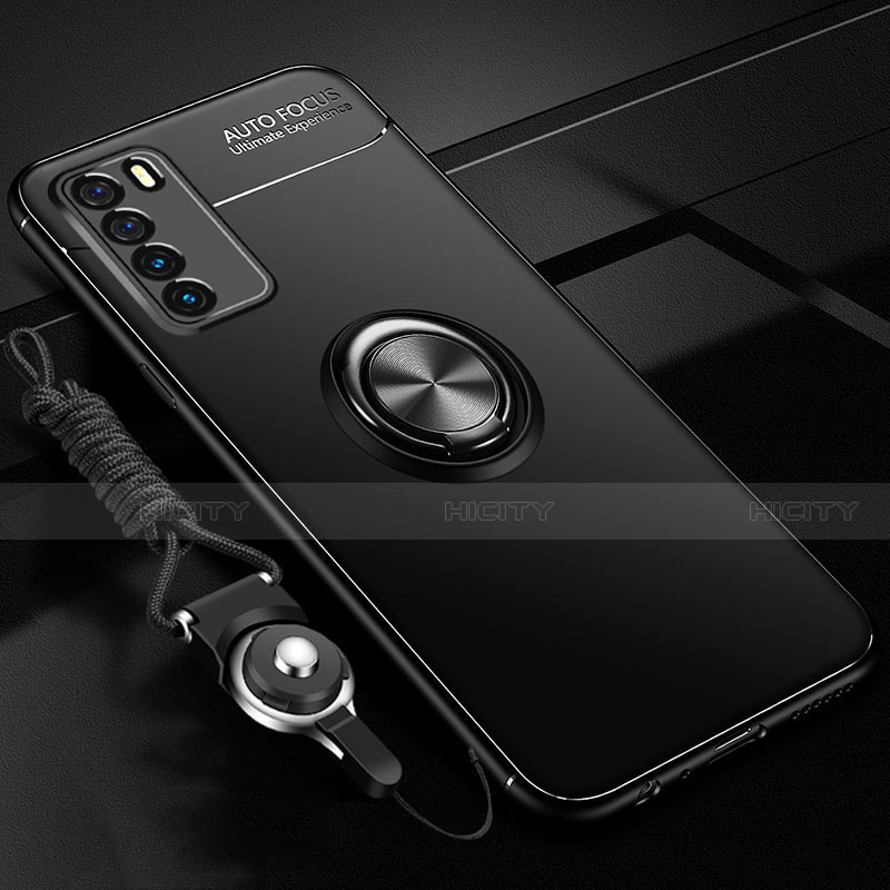 Funda Silicona Carcasa Ultrafina Goma con Magnetico Anillo de dedo Soporte T01 para Huawei Honor Play4 5G Negro