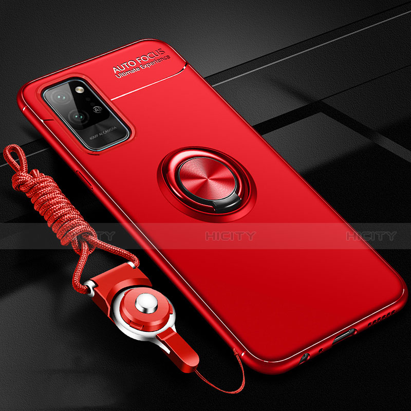 Funda Silicona Carcasa Ultrafina Goma con Magnetico Anillo de dedo Soporte T01 para Huawei Honor Play4 Pro 5G Rojo