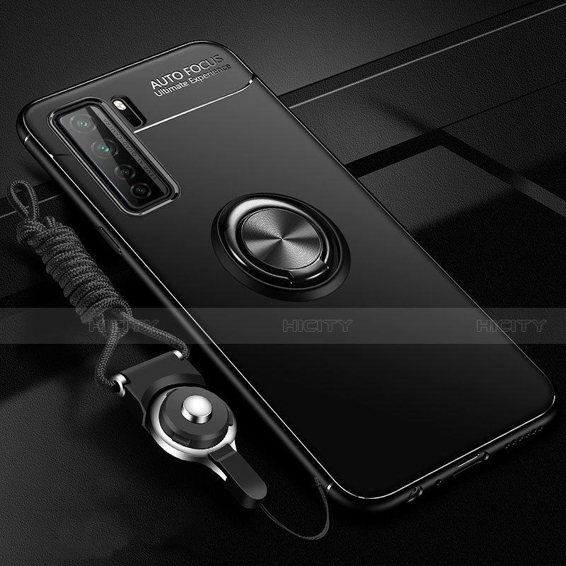 Funda Silicona Carcasa Ultrafina Goma con Magnetico Anillo de dedo Soporte T01 para Huawei Nova 7 SE 5G Negro