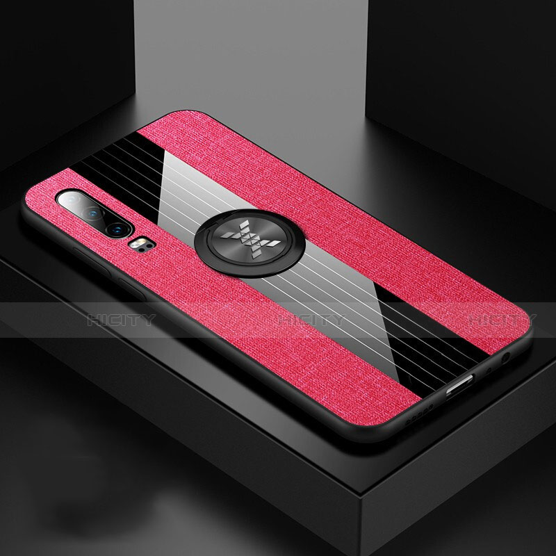 Funda Silicona Carcasa Ultrafina Goma con Magnetico Anillo de dedo Soporte T01 para Huawei P30 Rosa Roja