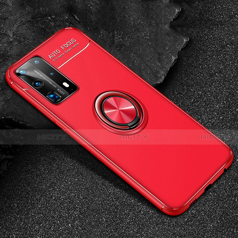 Funda Silicona Carcasa Ultrafina Goma con Magnetico Anillo de dedo Soporte T01 para Huawei P40 Pro+ Plus Rojo