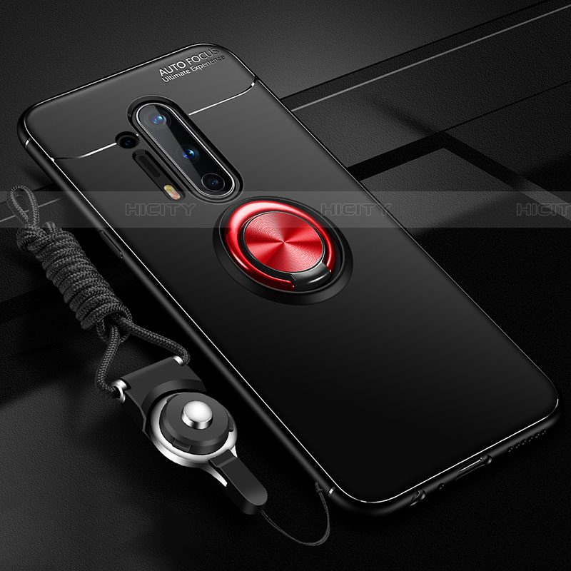 Funda Silicona Carcasa Ultrafina Goma con Magnetico Anillo de dedo Soporte T01 para OnePlus 8 Pro Rojo y Negro