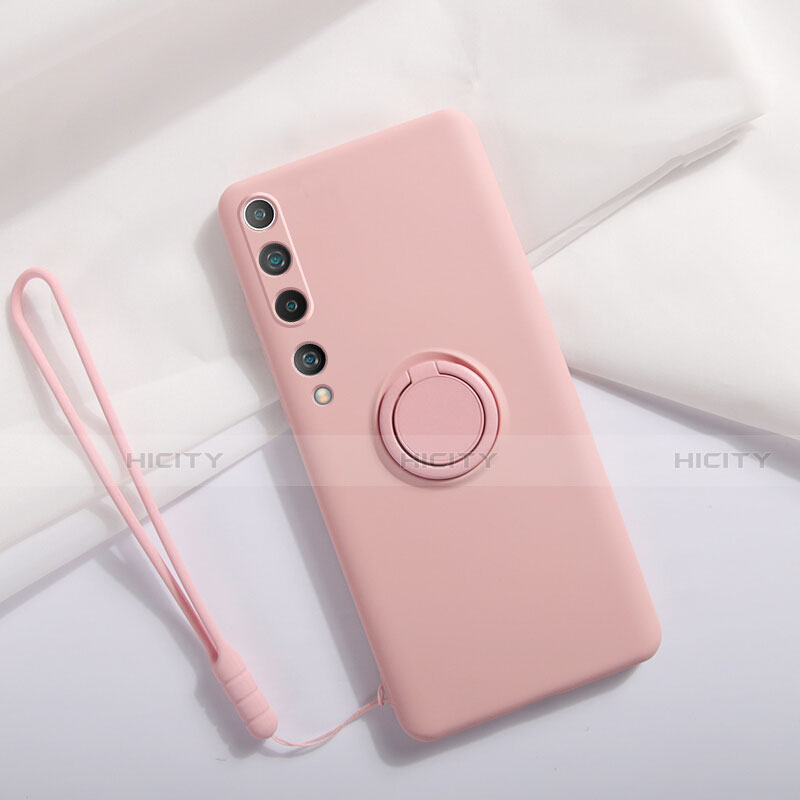 Funda Silicona Carcasa Ultrafina Goma con Magnetico Anillo de dedo Soporte T01 para Xiaomi Mi 10 Rosa