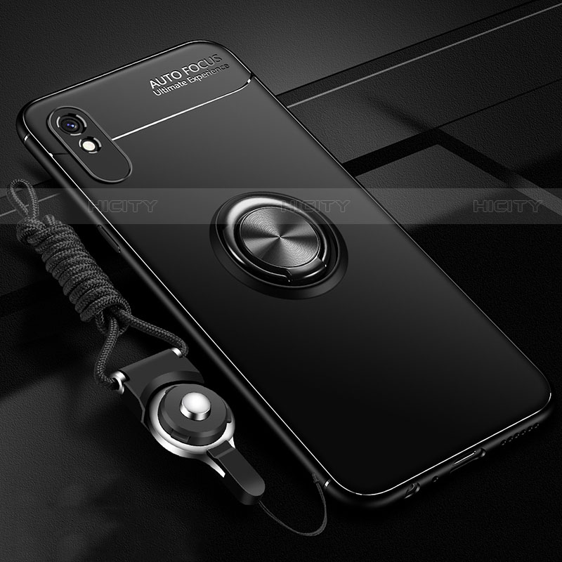 Funda Silicona Carcasa Ultrafina Goma con Magnetico Anillo de dedo Soporte T01 para Xiaomi Redmi 9A Negro