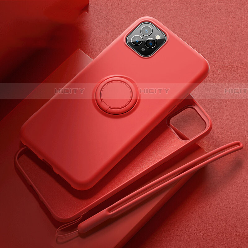 Funda Silicona Carcasa Ultrafina Goma con Magnetico Anillo de dedo Soporte T02 para Apple iPhone 11 Pro Max Rojo