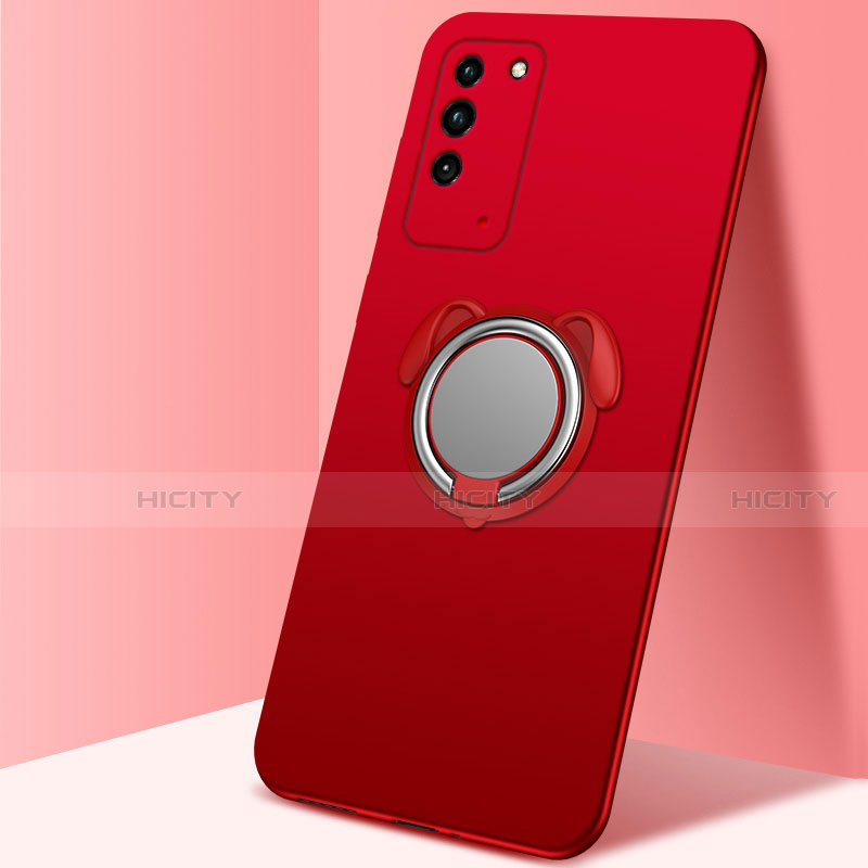 Funda Silicona Carcasa Ultrafina Goma con Magnetico Anillo de dedo Soporte T02 para Huawei Honor X10 5G Rojo