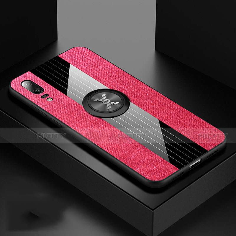 Funda Silicona Carcasa Ultrafina Goma con Magnetico Anillo de dedo Soporte T02 para Huawei P20 Rosa Roja