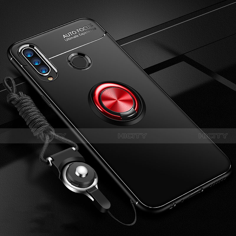 Funda Silicona Carcasa Ultrafina Goma con Magnetico Anillo de dedo Soporte T02 para Huawei P30 Lite New Edition Rojo y Negro