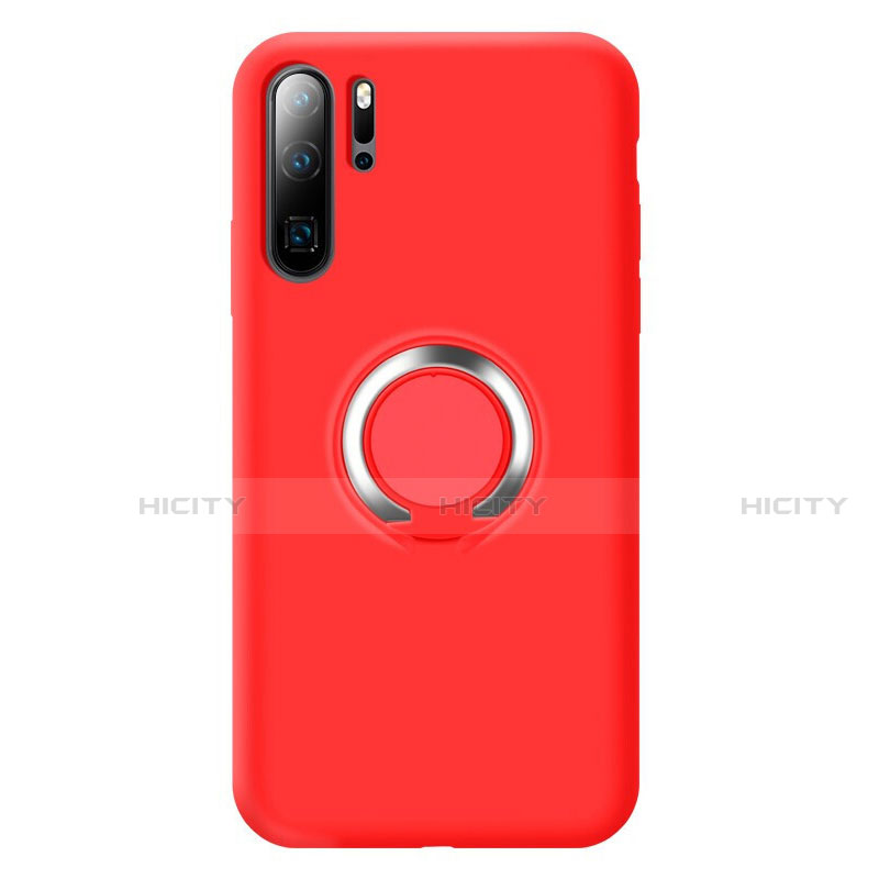 Funda Silicona Carcasa Ultrafina Goma con Magnetico Anillo de dedo Soporte T02 para Huawei P30 Pro Rojo