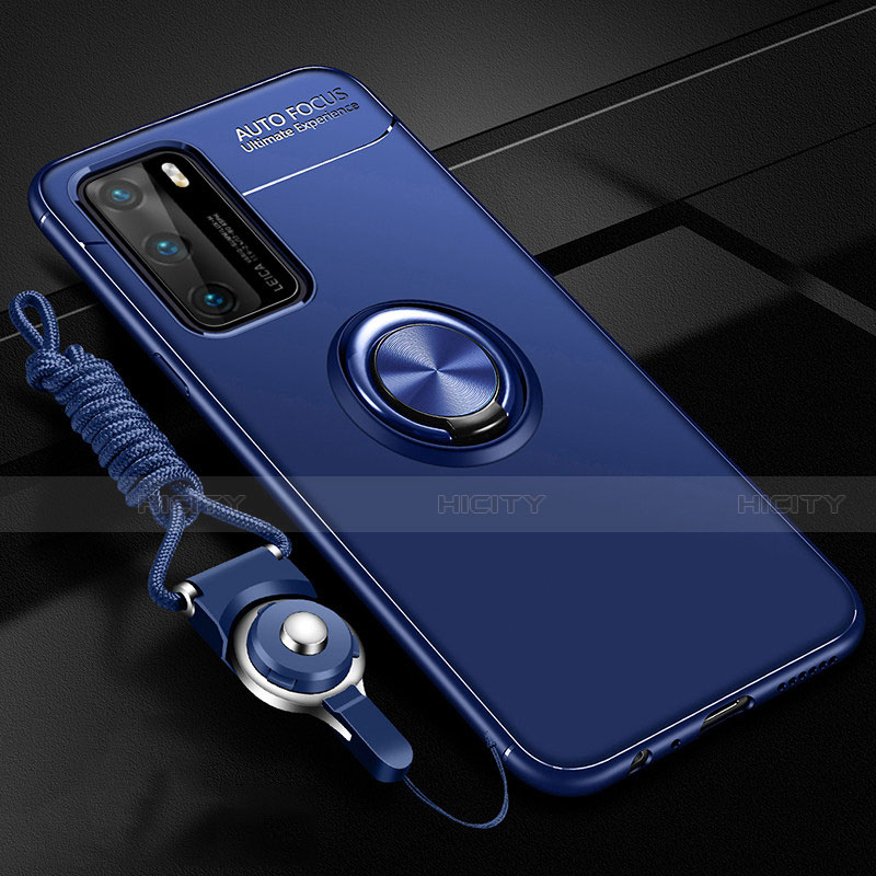 Funda Silicona Carcasa Ultrafina Goma con Magnetico Anillo de dedo Soporte T02 para Huawei P40 Azul