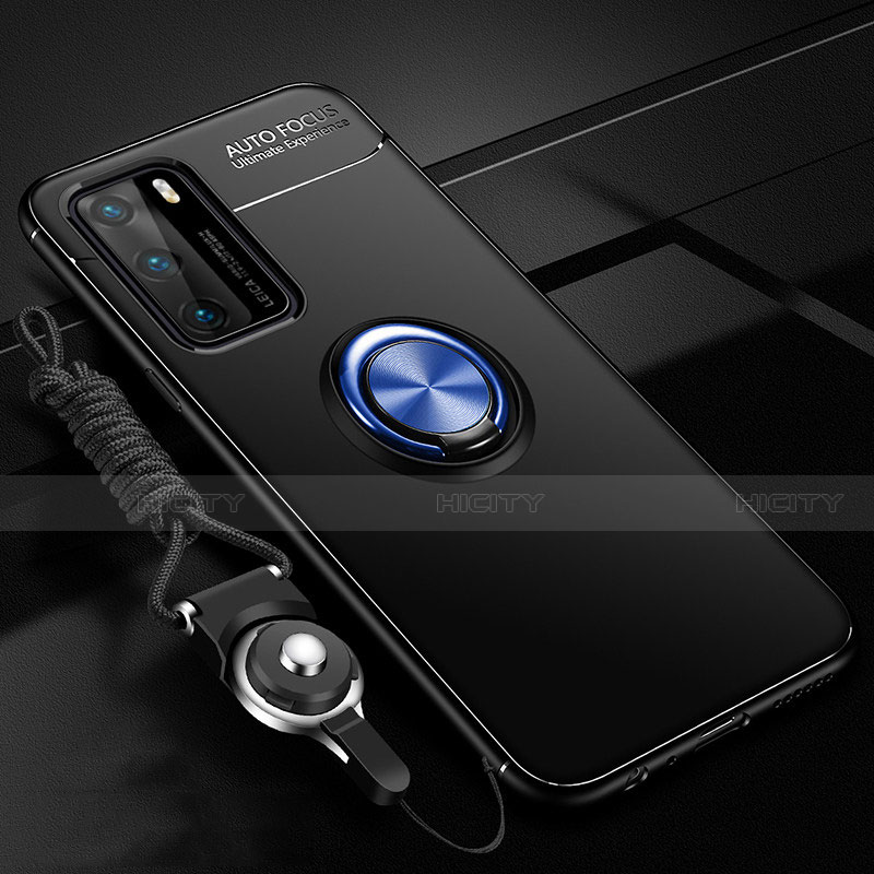 Funda Silicona Carcasa Ultrafina Goma con Magnetico Anillo de dedo Soporte T02 para Huawei P40 Azul y Negro