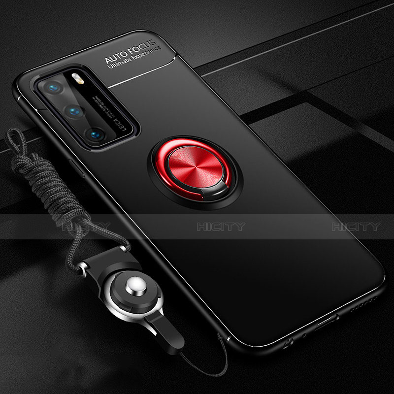 Funda Silicona Carcasa Ultrafina Goma con Magnetico Anillo de dedo Soporte T02 para Huawei P40 Rojo y Negro