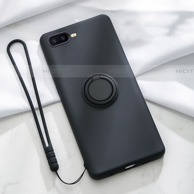 Funda Silicona Carcasa Ultrafina Goma con Magnetico Anillo de dedo Soporte T02 para Oppo RX17 Neo Negro