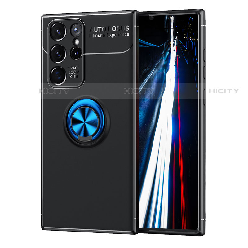 Funda Silicona Carcasa Ultrafina Goma con Magnetico Anillo de dedo Soporte T02 para Samsung Galaxy S22 Ultra 5G Azul y Negro