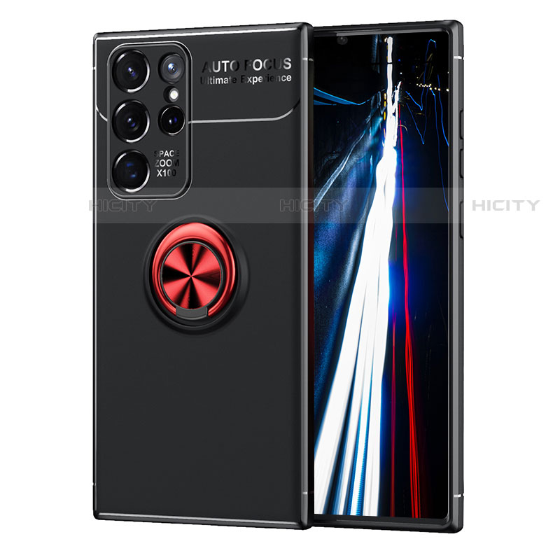 Funda Silicona Carcasa Ultrafina Goma con Magnetico Anillo de dedo Soporte T02 para Samsung Galaxy S22 Ultra 5G Rojo y Negro